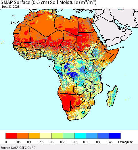 Africa SMAP Surface (0-5 cm) Soil Moisture (m³/m³) Thematic Map For 12/26/2023 - 12/31/2023