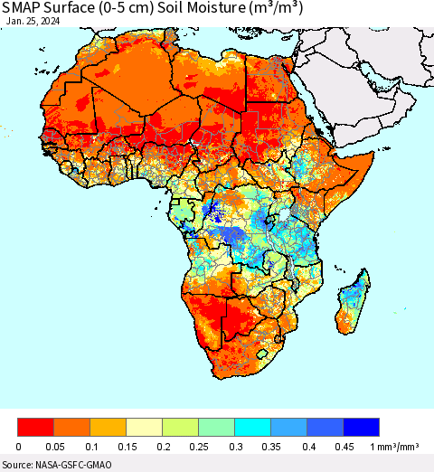Africa SMAP Surface (0-5 cm) Soil Moisture (m³/m³) Thematic Map For 1/21/2024 - 1/25/2024