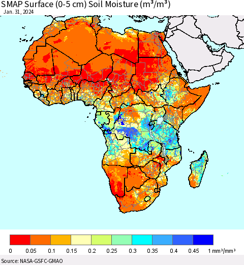 Africa SMAP Surface (0-5 cm) Soil Moisture (m³/m³) Thematic Map For 1/26/2024 - 1/31/2024