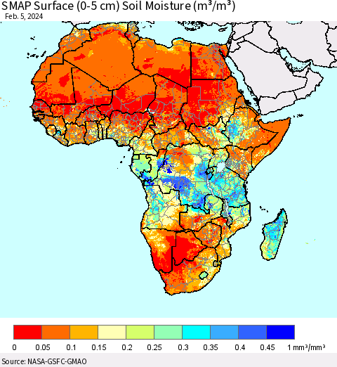 Africa SMAP Surface (0-5 cm) Soil Moisture (m³/m³) Thematic Map For 2/1/2024 - 2/5/2024