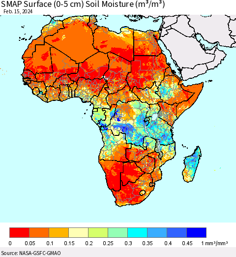 Africa SMAP Surface (0-5 cm) Soil Moisture (m³/m³) Thematic Map For 2/11/2024 - 2/15/2024