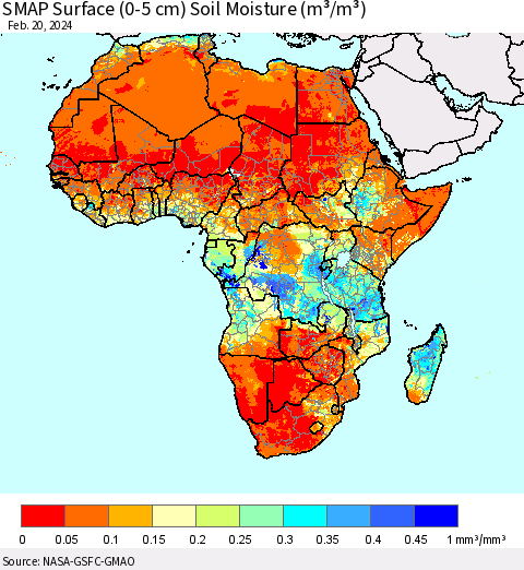 Africa SMAP Surface (0-5 cm) Soil Moisture (m³/m³) Thematic Map For 2/16/2024 - 2/20/2024