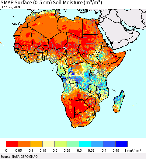 Africa SMAP Surface (0-5 cm) Soil Moisture (m³/m³) Thematic Map For 2/21/2024 - 2/25/2024