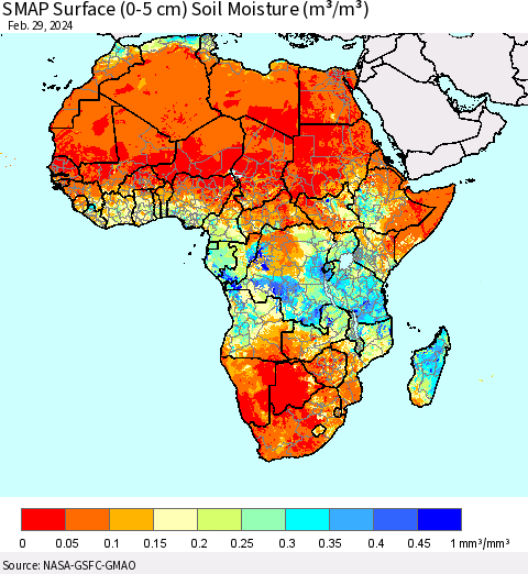 Africa SMAP Surface (0-5 cm) Soil Moisture (m³/m³) Thematic Map For 2/26/2024 - 2/29/2024