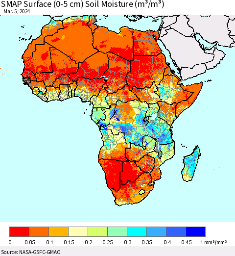 Africa SMAP Surface (0-5 cm) Soil Moisture (m³/m³) Thematic Map For 3/1/2024 - 3/5/2024