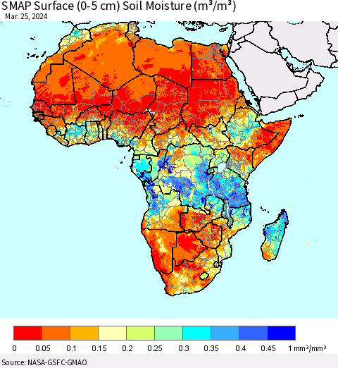 Africa SMAP Surface (0-5 cm) Soil Moisture (m³/m³) Thematic Map For 3/21/2024 - 3/25/2024