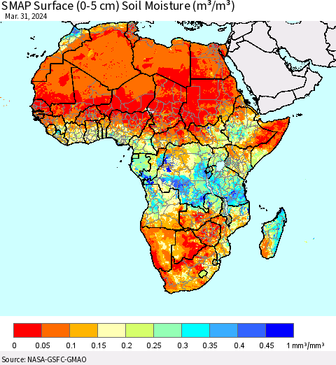 Africa SMAP Surface (0-5 cm) Soil Moisture (m³/m³) Thematic Map For 3/26/2024 - 3/31/2024