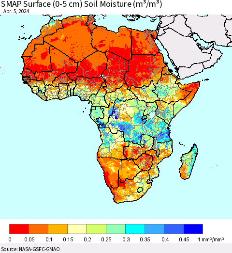 Africa SMAP Surface (0-5 cm) Soil Moisture (m³/m³) Thematic Map For 4/1/2024 - 4/5/2024