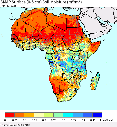 Africa SMAP Surface (0-5 cm) Soil Moisture (m³/m³) Thematic Map For 4/6/2024 - 4/10/2024