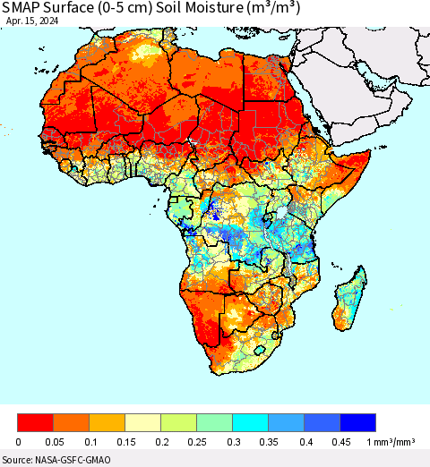 Africa SMAP Surface (0-5 cm) Soil Moisture (m³/m³) Thematic Map For 4/11/2024 - 4/15/2024