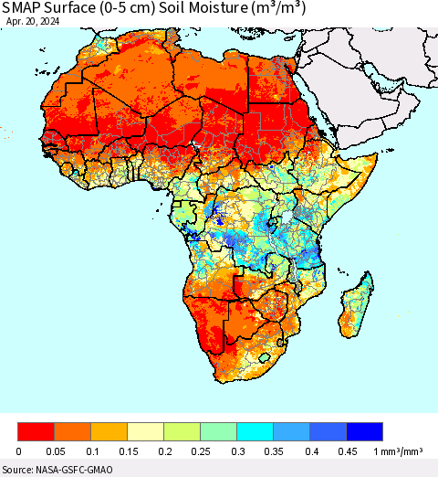 Africa SMAP Surface (0-5 cm) Soil Moisture (m³/m³) Thematic Map For 4/16/2024 - 4/20/2024
