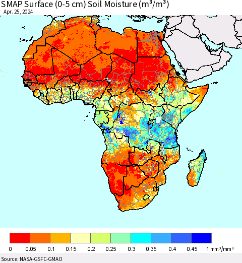 Africa SMAP Surface (0-5 cm) Soil Moisture (m³/m³) Thematic Map For 4/21/2024 - 4/25/2024