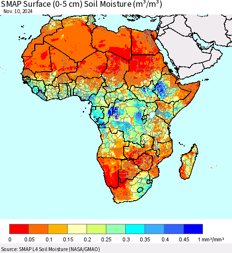 Africa SMAP Surface (0-5 cm) Soil Moisture (m³/m³) Thematic Map For 11/6/2024 - 11/10/2024