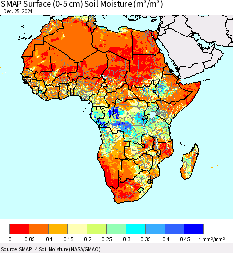 Africa SMAP Surface (0-5 cm) Soil Moisture (m³/m³) Thematic Map For 12/21/2024 - 12/25/2024
