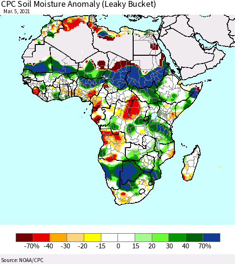 Africa CPC Soil Moisture Anomaly (Leaky Bucket) Thematic Map For 3/1/2021 - 3/5/2021