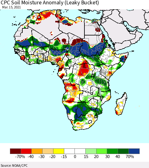 Africa CPC Soil Moisture Anomaly (Leaky Bucket) Thematic Map For 3/11/2021 - 3/15/2021