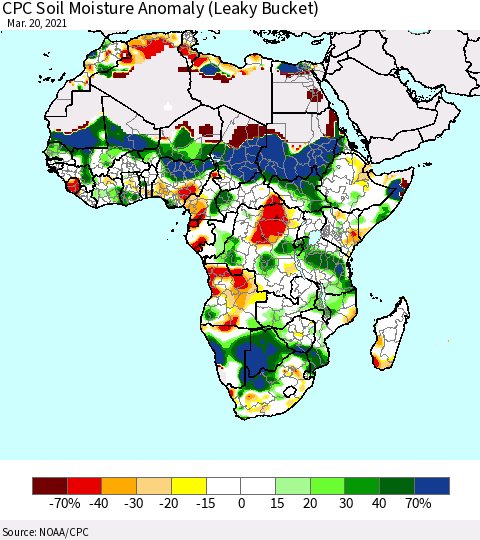 Africa CPC Soil Moisture Anomaly (Leaky Bucket) Thematic Map For 3/16/2021 - 3/20/2021