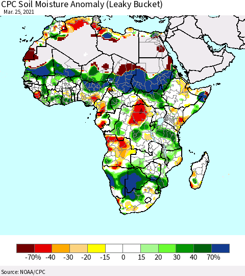 Africa CPC Soil Moisture Anomaly (Leaky Bucket) Thematic Map For 3/21/2021 - 3/25/2021