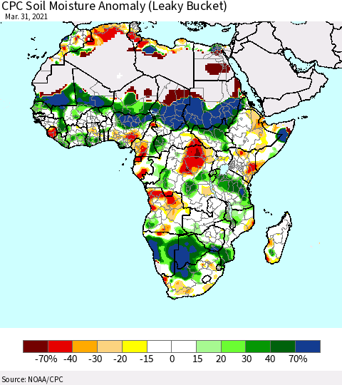 Africa CPC Soil Moisture Anomaly (Leaky Bucket) Thematic Map For 3/26/2021 - 3/31/2021