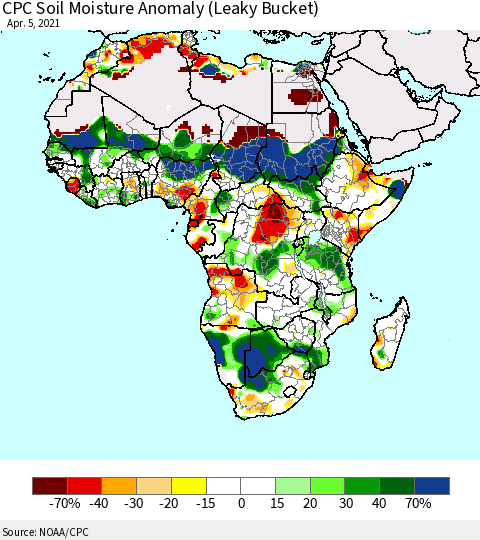 Africa CPC Soil Moisture Anomaly (Leaky Bucket) Thematic Map For 4/1/2021 - 4/5/2021