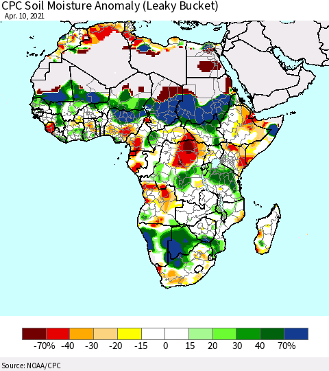 Africa CPC Soil Moisture Anomaly (Leaky Bucket) Thematic Map For 4/6/2021 - 4/10/2021