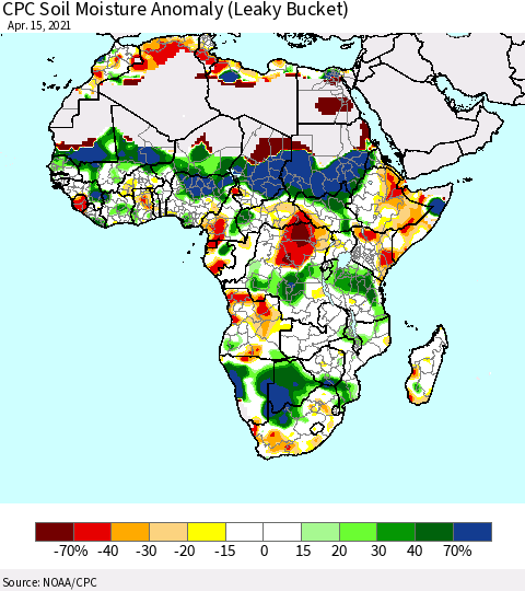 Africa CPC Soil Moisture Anomaly (Leaky Bucket) Thematic Map For 4/11/2021 - 4/15/2021