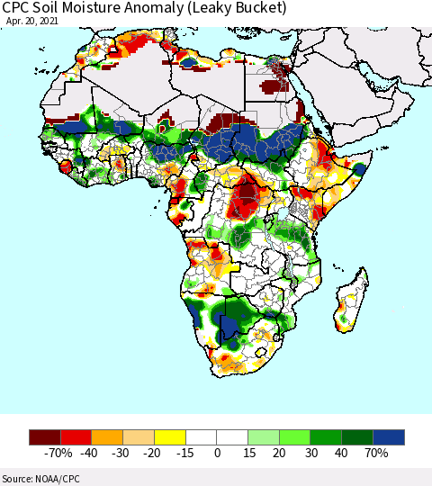Africa CPC Soil Moisture Anomaly (Leaky Bucket) Thematic Map For 4/16/2021 - 4/20/2021