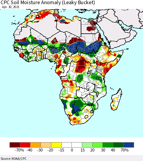 Africa CPC Soil Moisture Anomaly (Leaky Bucket) Thematic Map For 4/26/2021 - 4/30/2021