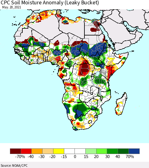 Africa CPC Soil Moisture Anomaly (Leaky Bucket) Thematic Map For 5/16/2021 - 5/20/2021