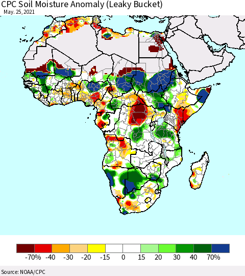 Africa CPC Soil Moisture Anomaly (Leaky Bucket) Thematic Map For 5/21/2021 - 5/25/2021