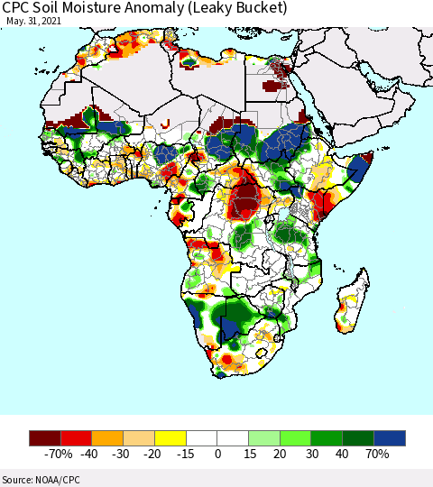 Africa CPC Soil Moisture Anomaly (Leaky Bucket) Thematic Map For 5/26/2021 - 5/31/2021