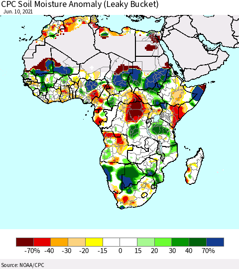 Africa CPC Soil Moisture Anomaly (Leaky Bucket) Thematic Map For 6/6/2021 - 6/10/2021