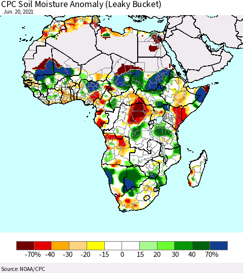 Africa CPC Soil Moisture Anomaly (Leaky Bucket) Thematic Map For 6/16/2021 - 6/20/2021