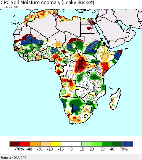 Africa CPC Soil Moisture Anomaly (Leaky Bucket) Thematic Map For 6/21/2021 - 6/25/2021