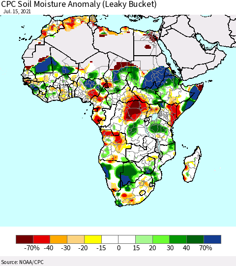 Africa CPC Soil Moisture Anomaly (Leaky Bucket) Thematic Map For 7/11/2021 - 7/15/2021