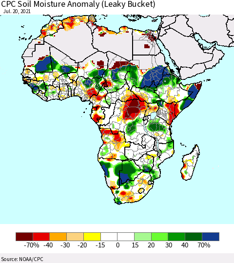 Africa CPC Soil Moisture Anomaly (Leaky Bucket) Thematic Map For 7/16/2021 - 7/20/2021