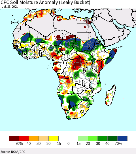 Africa CPC Soil Moisture Anomaly (Leaky Bucket) Thematic Map For 7/21/2021 - 7/25/2021