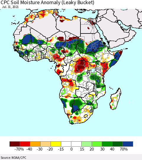 Africa CPC Soil Moisture Anomaly (Leaky Bucket) Thematic Map For 7/26/2021 - 7/31/2021