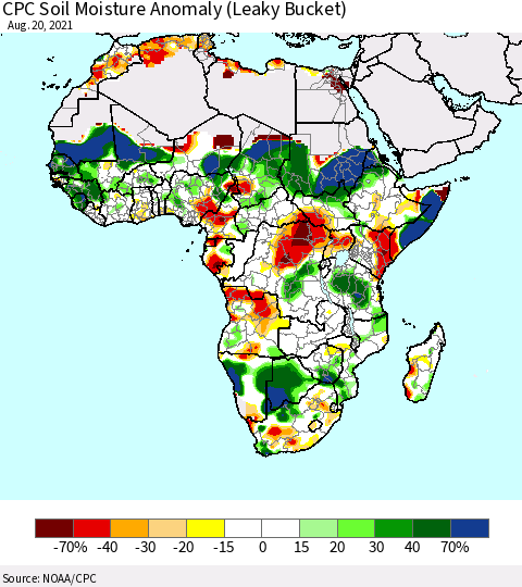 Africa CPC Soil Moisture Anomaly (Leaky Bucket) Thematic Map For 8/16/2021 - 8/20/2021
