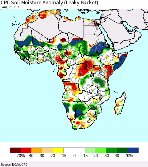 Africa CPC Soil Moisture Anomaly (Leaky Bucket) Thematic Map For 8/21/2021 - 8/25/2021
