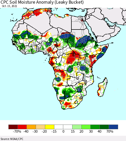 Africa CPC Soil Moisture Anomaly (Leaky Bucket) Thematic Map For 10/11/2021 - 10/15/2021