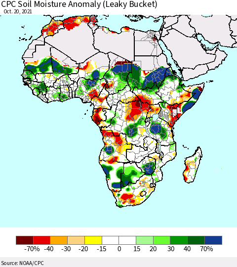 Africa CPC Soil Moisture Anomaly (Leaky Bucket) Thematic Map For 10/16/2021 - 10/20/2021