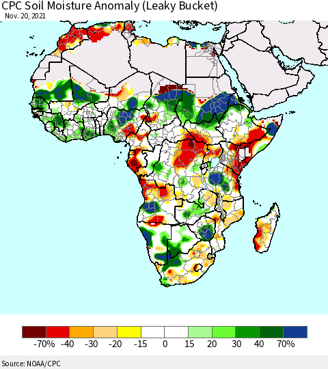 Africa CPC Soil Moisture Anomaly (Leaky Bucket) Thematic Map For 11/16/2021 - 11/20/2021