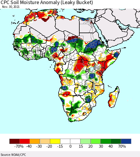 Africa CPC Soil Moisture Anomaly (Leaky Bucket) Thematic Map For 11/26/2021 - 11/30/2021