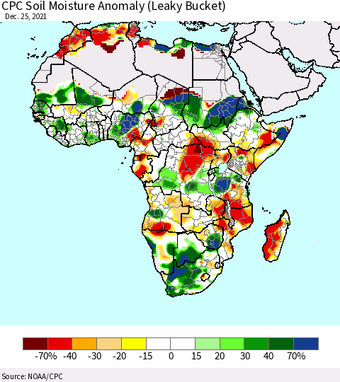 Africa CPC Soil Moisture Anomaly (Leaky Bucket) Thematic Map For 12/21/2021 - 12/25/2021