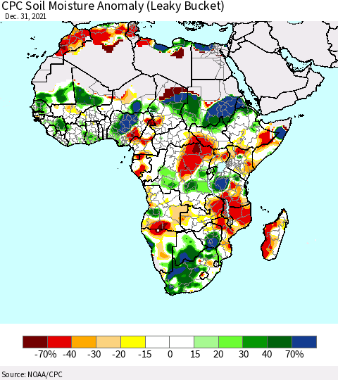 Africa CPC Soil Moisture Anomaly (Leaky Bucket) Thematic Map For 12/26/2021 - 12/31/2021