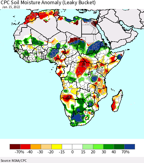 Africa CPC Soil Moisture Anomaly (Leaky Bucket) Thematic Map For 1/11/2022 - 1/15/2022