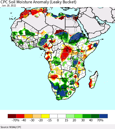 Africa CPC Soil Moisture Anomaly (Leaky Bucket) Thematic Map For 1/16/2022 - 1/20/2022