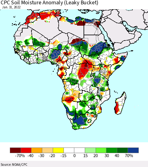 Africa CPC Soil Moisture Anomaly (Leaky Bucket) Thematic Map For 1/26/2022 - 1/31/2022