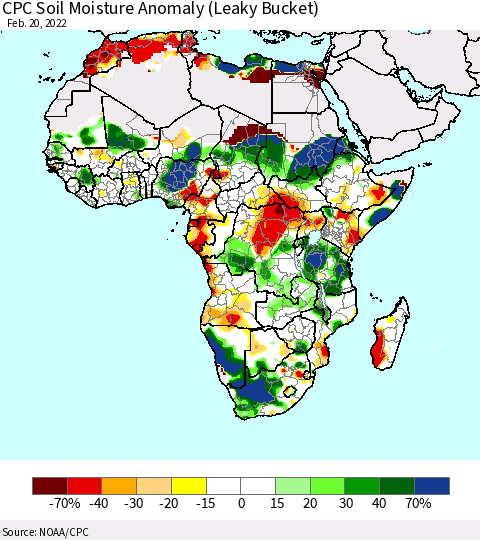 Africa CPC Soil Moisture Anomaly (Leaky Bucket) Thematic Map For 2/16/2022 - 2/20/2022